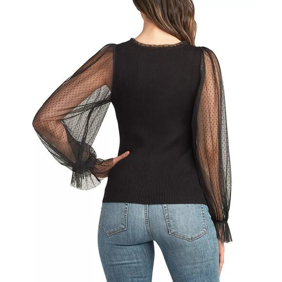 NEW BCX Black Mesh Clip Dot Top Size Small Long Sleeve Ruffle Polka Dot Ribbed - Picture 2 of 10